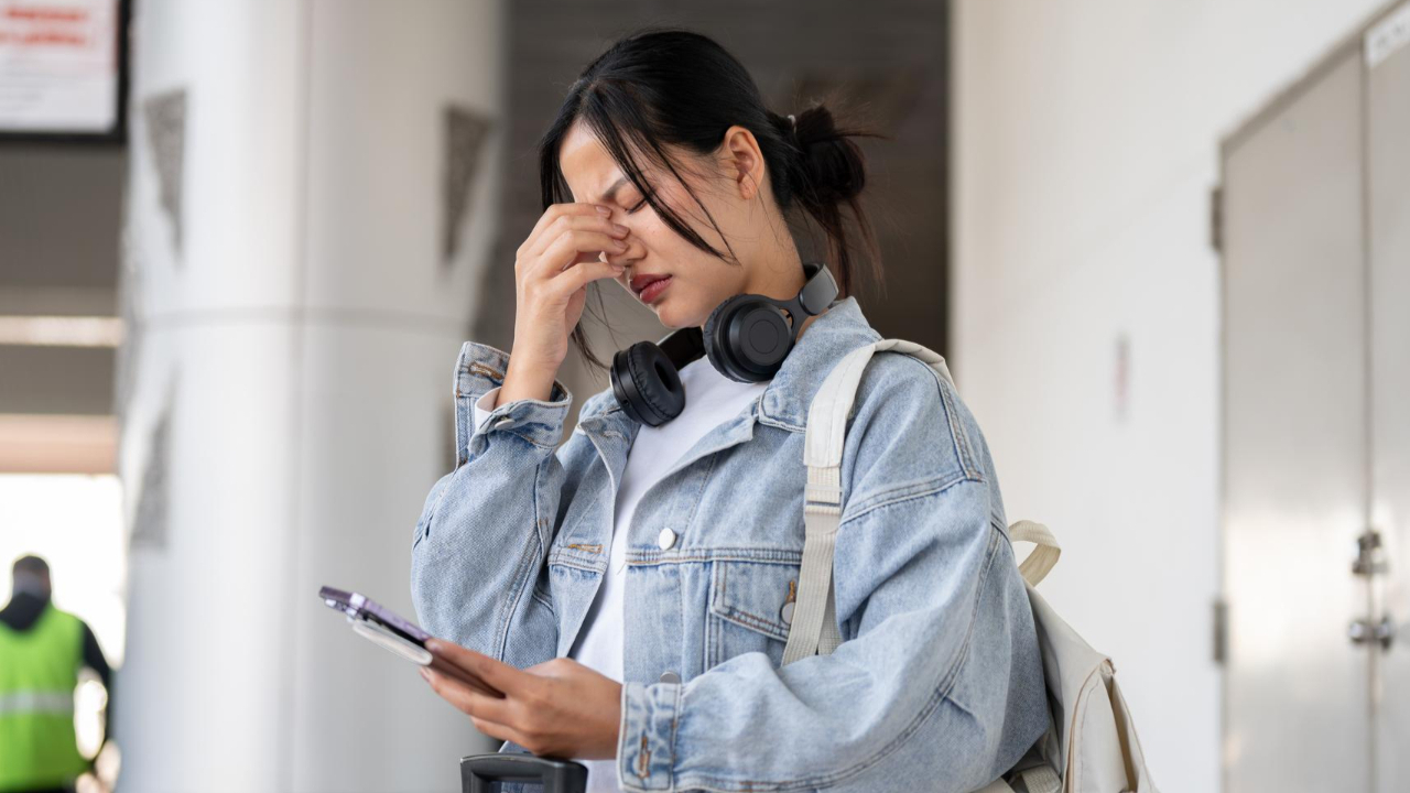 Passageira sendo informada no aeroporto sobre impedimento de embarque
